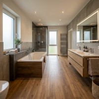 Cuarto de baño de lujo remodelado con piso flotante de madera resistente al agua