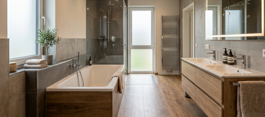 Cuarto de baño de lujo remodelado con piso flotante de madera resistente al agua