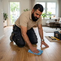 Trabajador afgano experto limpiando piso flotante con mopa de microfibra humedecida