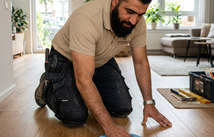 Trabajador afgano experto limpiando piso flotante con mopa de microfibra humedecida