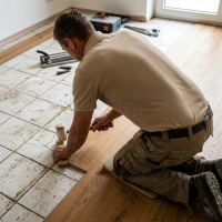 Proceso de instalación minuciosa de piso flotante sobre palmetas de cerámica antigua