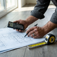 Manos de contratista elaborando presupuesto para instalación de piso laminado