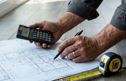 Manos de contratista elaborando presupuesto para instalación de piso laminado