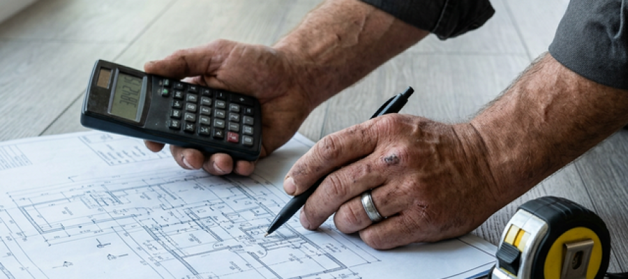 Manos de contratista elaborando presupuesto para instalación de piso laminado