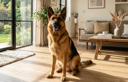 Perro grande sobre un piso SPC resistente a mascotas