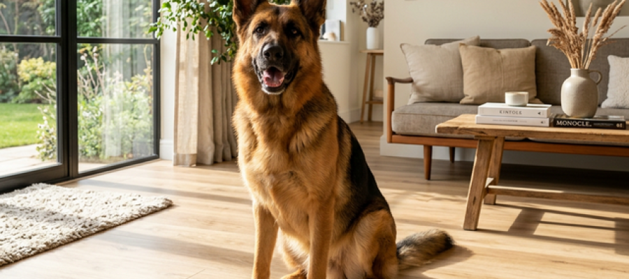Perro grande sobre un piso SPC resistente a mascotas