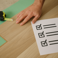 Proceso de instalación de piso flotante con revisión de base y encaje antes de la compra