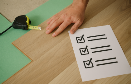 Proceso de instalación de piso flotante con revisión de base y encaje antes de la compra