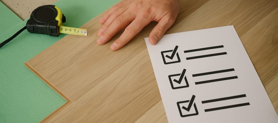 Proceso de instalación de piso flotante con revisión de base y encaje antes de la compra