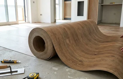Rollo de piso vinílico tipo madera siendo instalado en una habitación, mostrando su flexibilidad y formato continuo