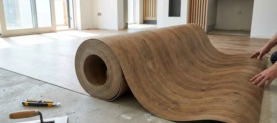 Rollo de piso vinílico tipo madera siendo instalado en una habitación, mostrando su flexibilidad y formato continuo