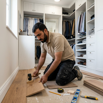 Instalador robusto colocando con precisión piso laminado color roble cálido New Ardenas en vestidor blanco