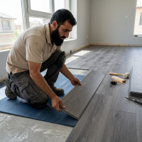 Instalador afgano experto colocando piso SPC Alemán Gris