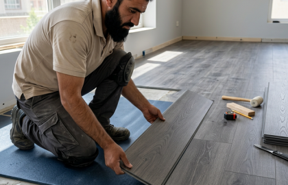 Instalador afgano experto colocando piso SPC Alemán Gris