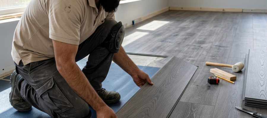 Instalador afgano experto colocando piso SPC Alemán Gris