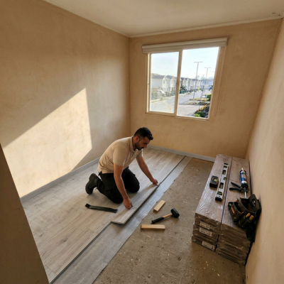 Instalador de piso instalando piso flotante gris claro modelo Spruce Grey