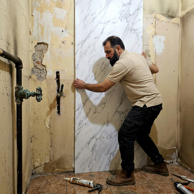 Instalador instalando plancha de PVC mármol de 122x244cm de piso a techo